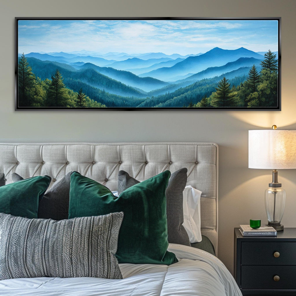 a bedroom with a large painting on the wall above the bed