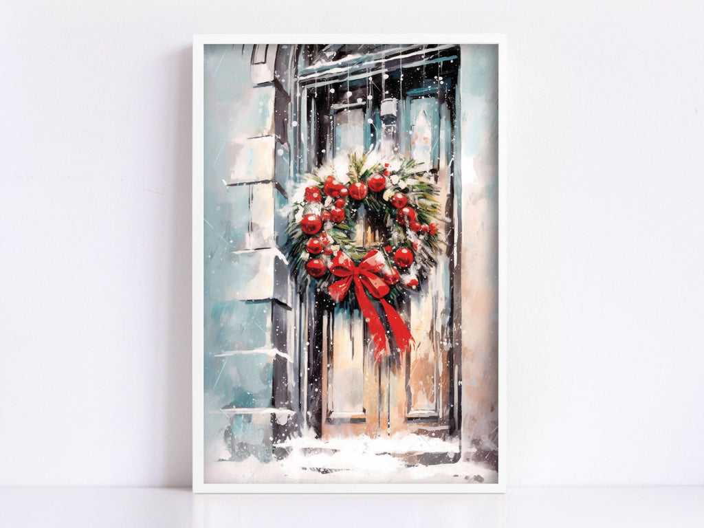 Festive Christmas Wreath Watercolor - Holiday Wall Art, Print on Canvas, Artist Paper, Watercolor Paper, Available in Extra Large Sizes