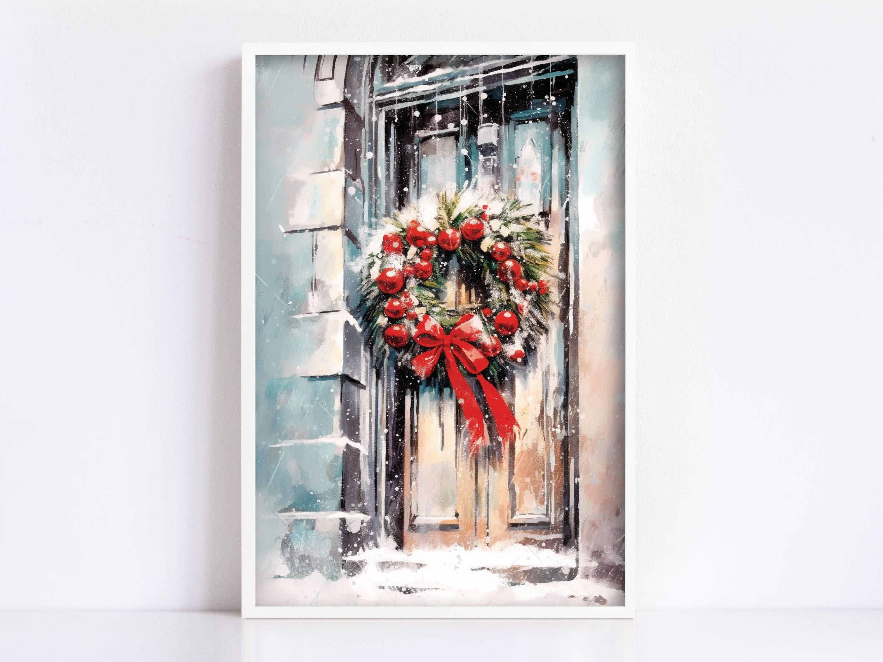 Festive Christmas Wreath Watercolor - Holiday Wall Art, Print on Canvas, Artist Paper, Watercolor Paper, Available in Extra Large Sizes