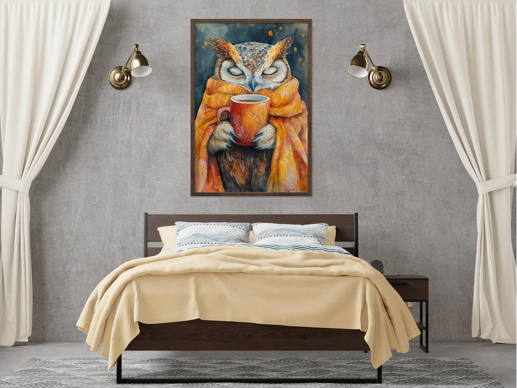 a large painting of an owl holding a cup of coffee, hanging on a wall above a bed with a beige blanket.