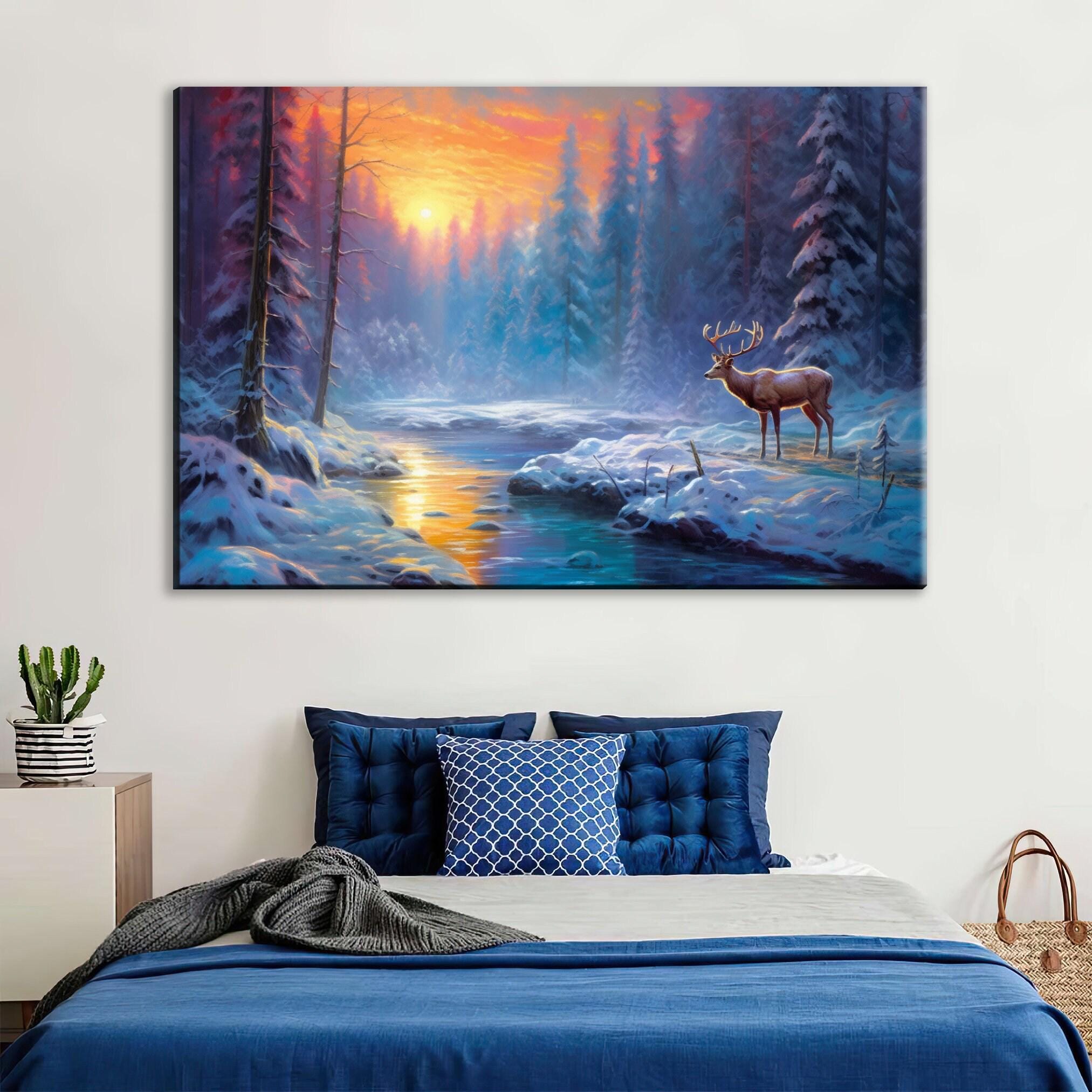 Winter Elk Canvas Art - Large Giclee Print | Rustic Winter Landscape Decor