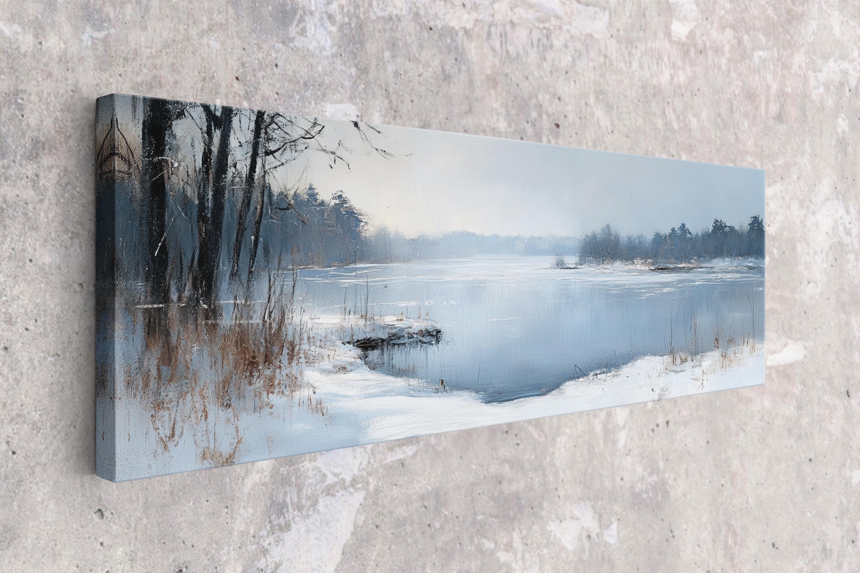 a painting of a frozen lake in winter