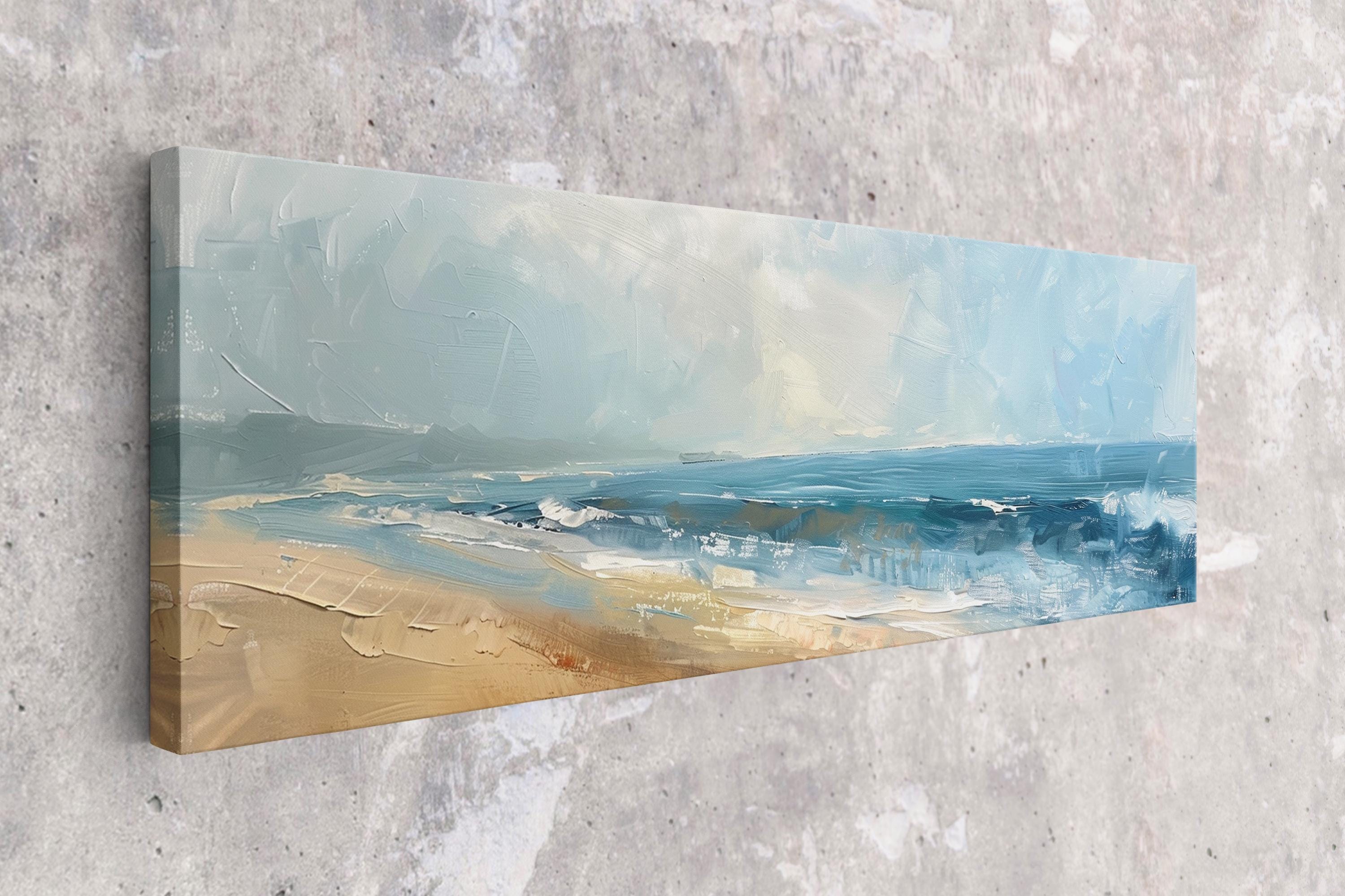 a painting hanging on a wall of a beach
