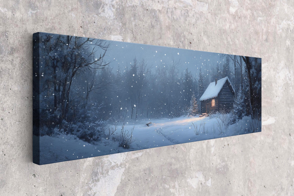 a painting of a cabin in a snowy forest