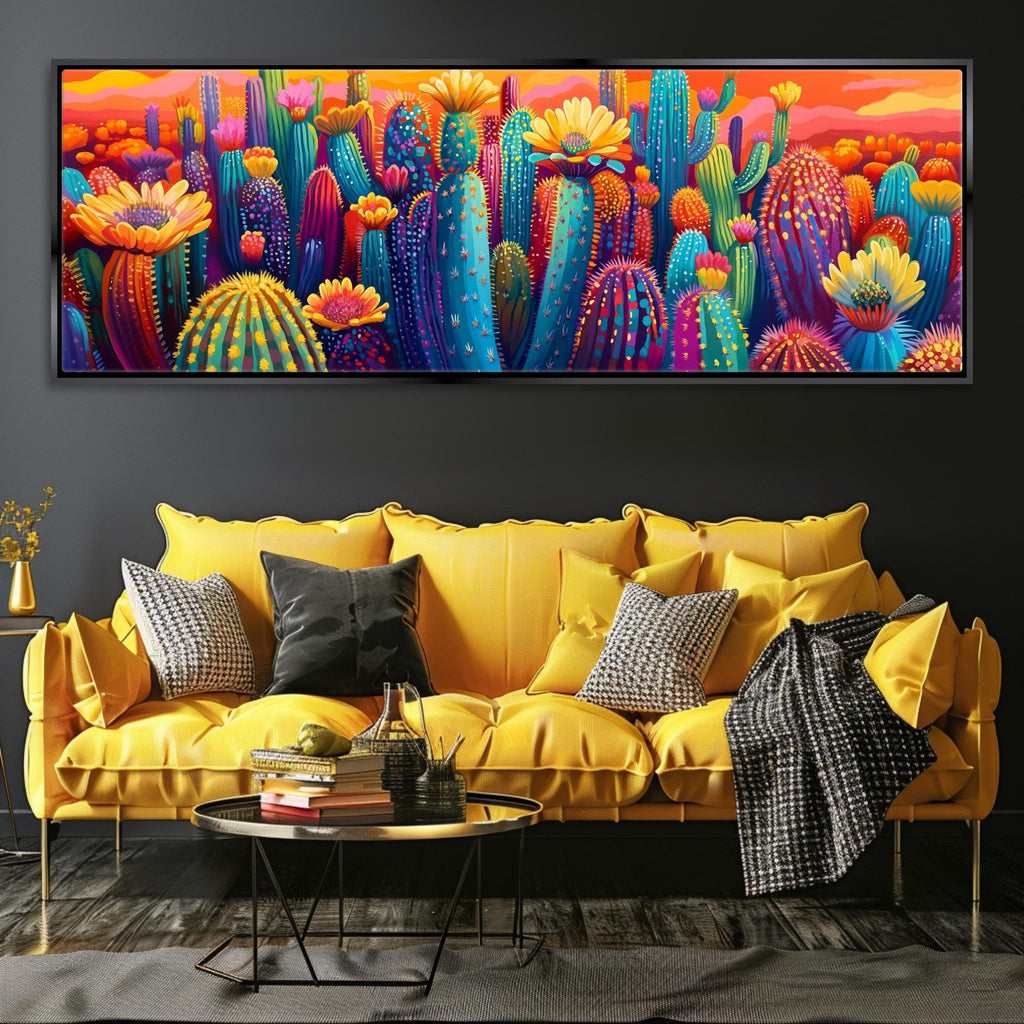 Desert Saguaro Canvas - Panoramic Wall Art | Oversized Gallery Wrap | Vibrant Cactus Bloom Painting