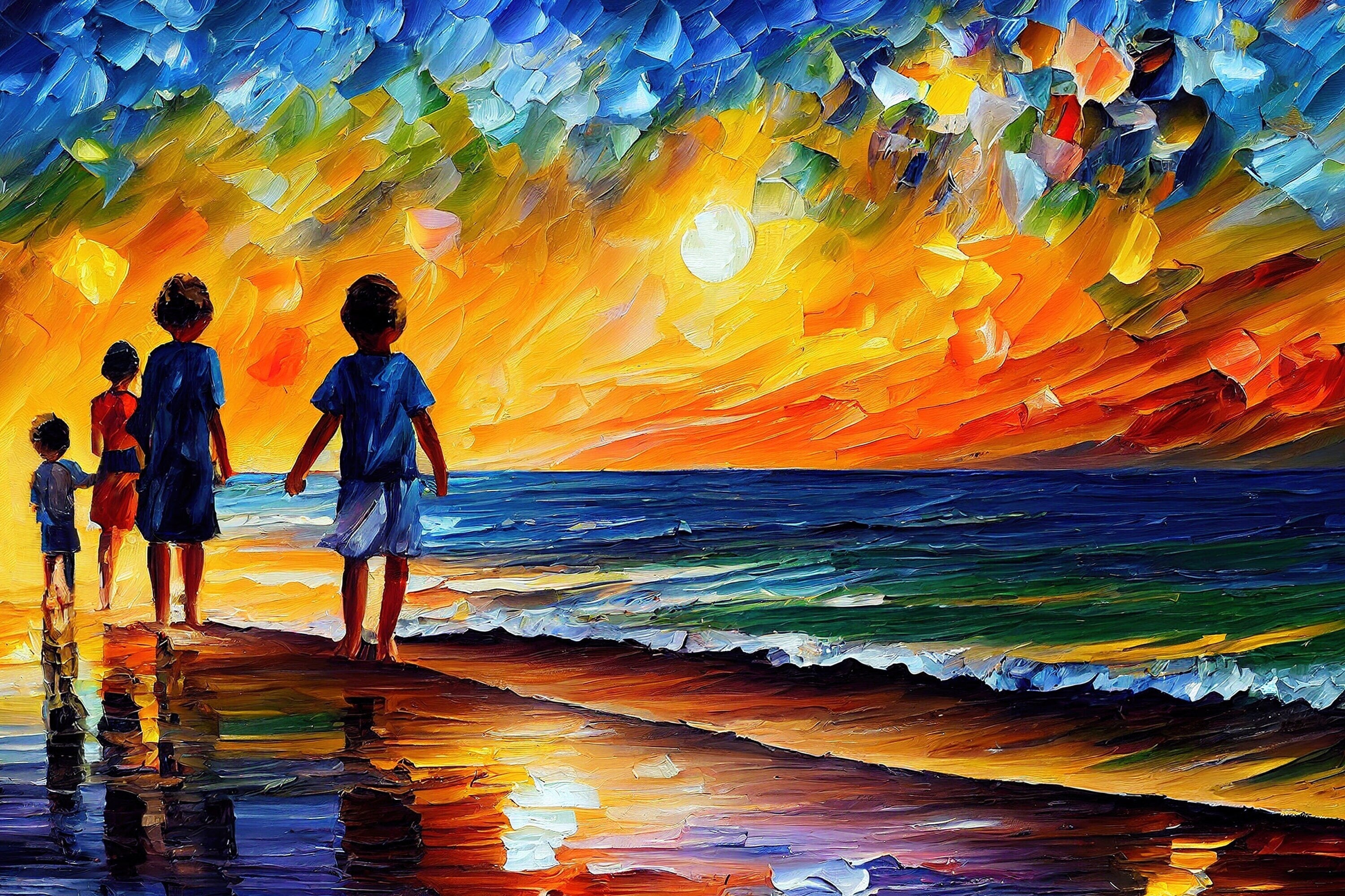 Kids Canvas Print – Vibrant Beach Oil Painting Reproduction | Colorful Wall Art