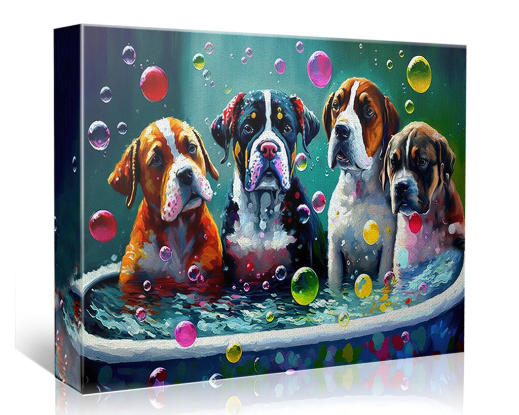 Dog Bath Canvas – Vibrant Colorful Dogs Playing Art on Gallery Ready Canvas