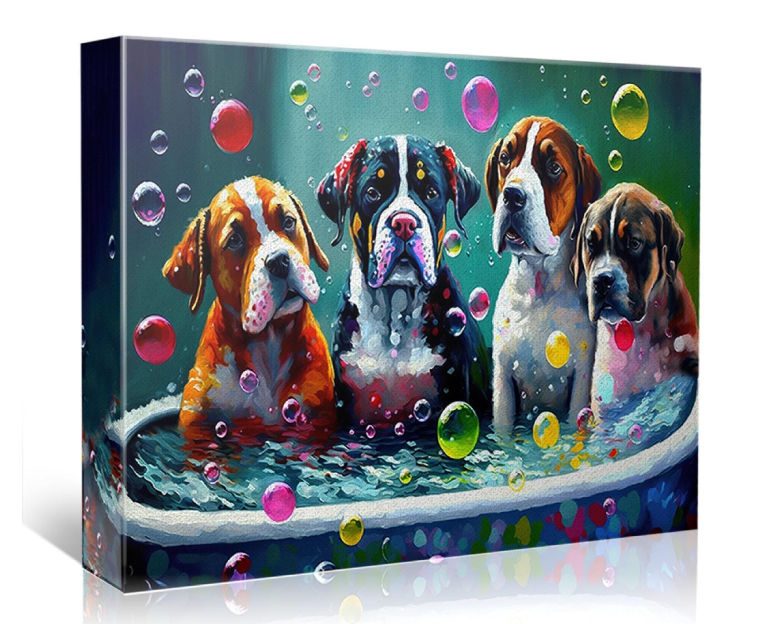 Dog Bath Canvas – Vibrant Colorful Dogs Playing Art on Gallery Ready Canvas
