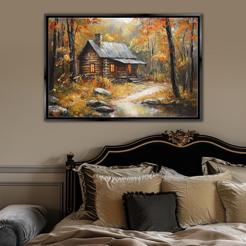 a cozy log cabin nestled in a forest, surrounded by vibrant autumn foliage.