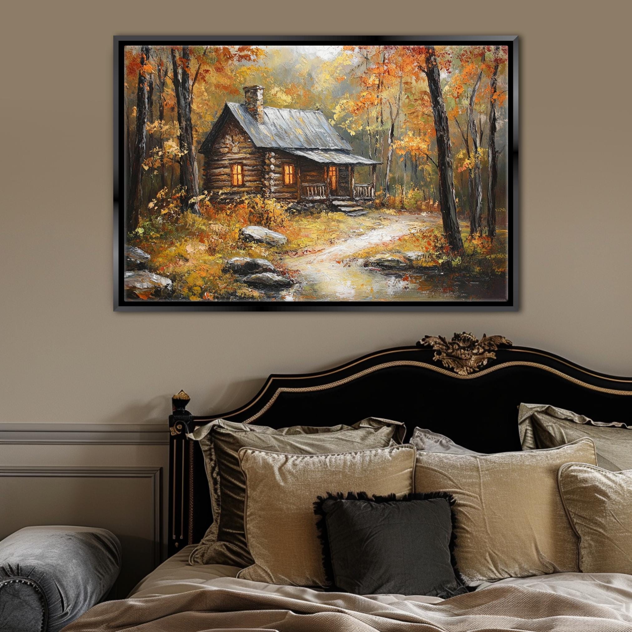 a cozy log cabin nestled in a forest, surrounded by vibrant autumn foliage.