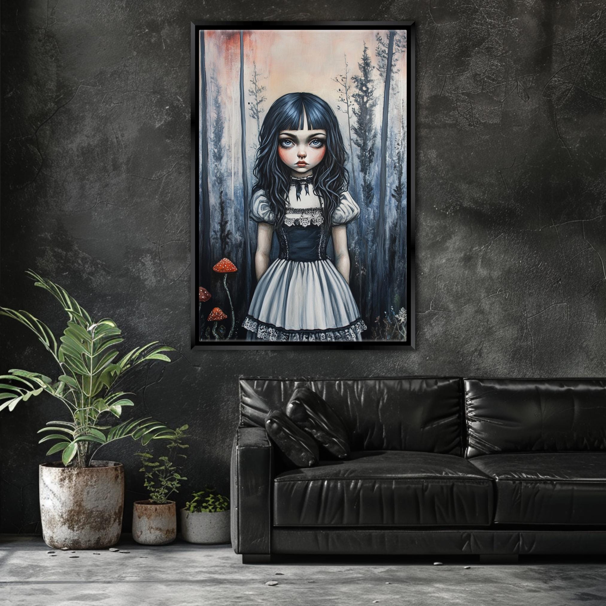 a living room with a couch and a painting on the wall