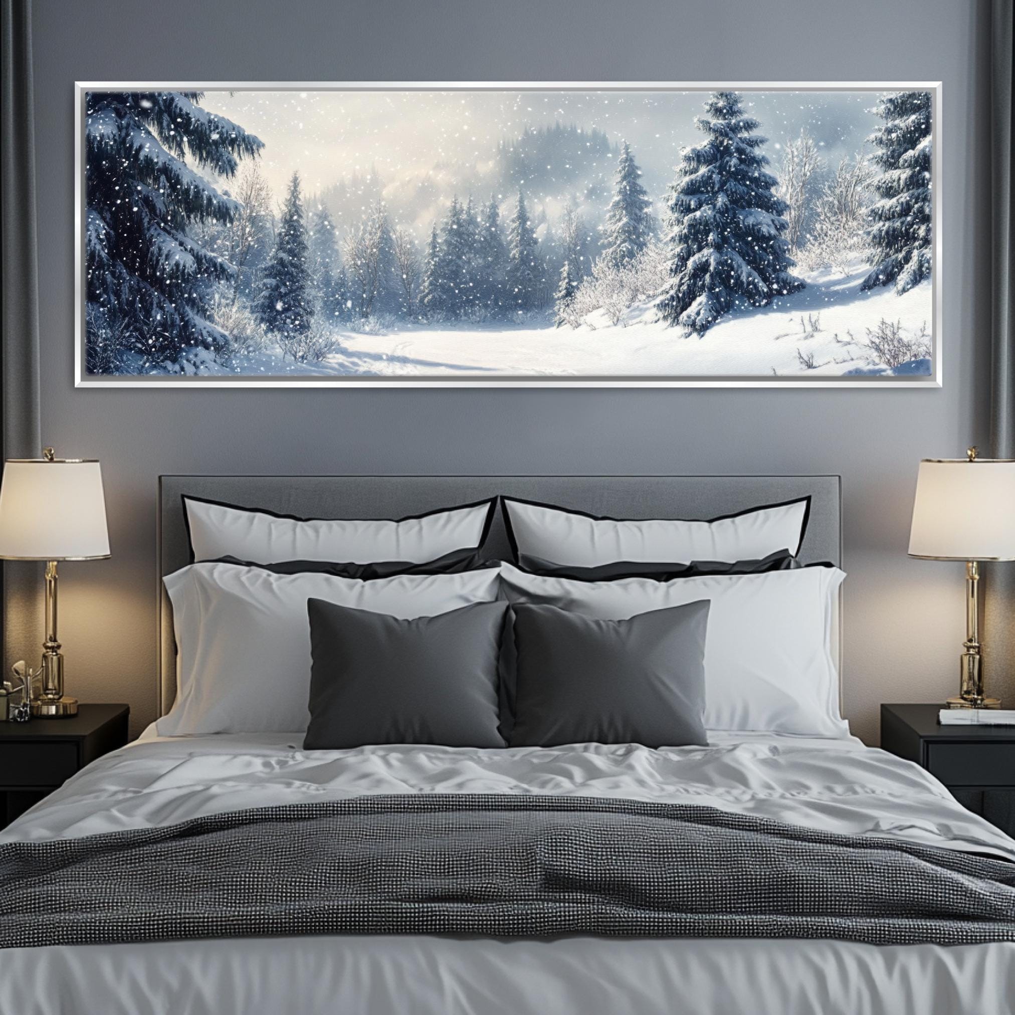 a bedroom with a large painting on the wall above the bed