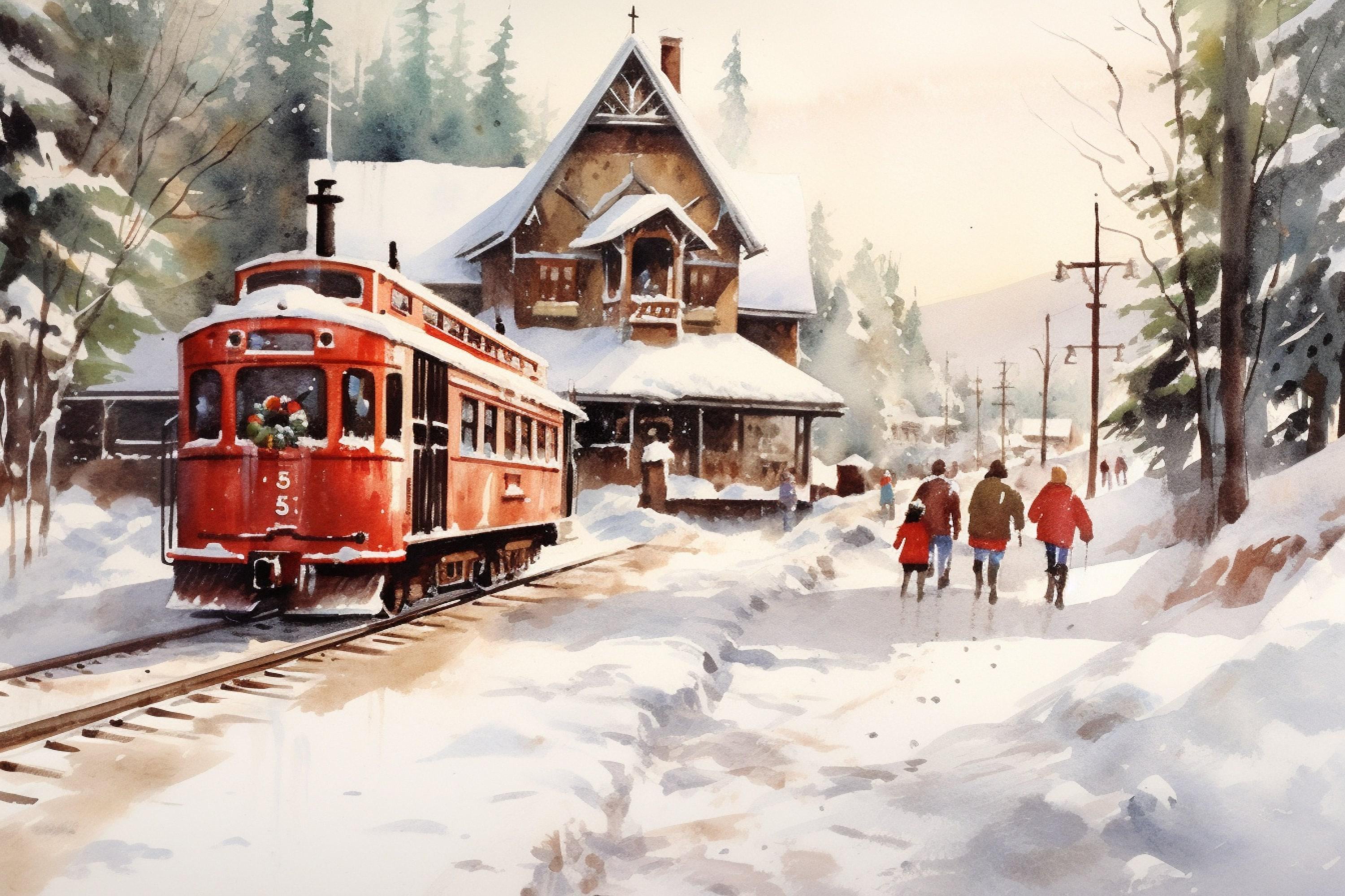 Winter Train Station Watercolor - Christmas Wall Art, Giclee Print on Canvas, Artist Paper, Watercolor Paper, Available in Extra Large Sizes