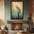 a living room with a fire place and a painting on the wall