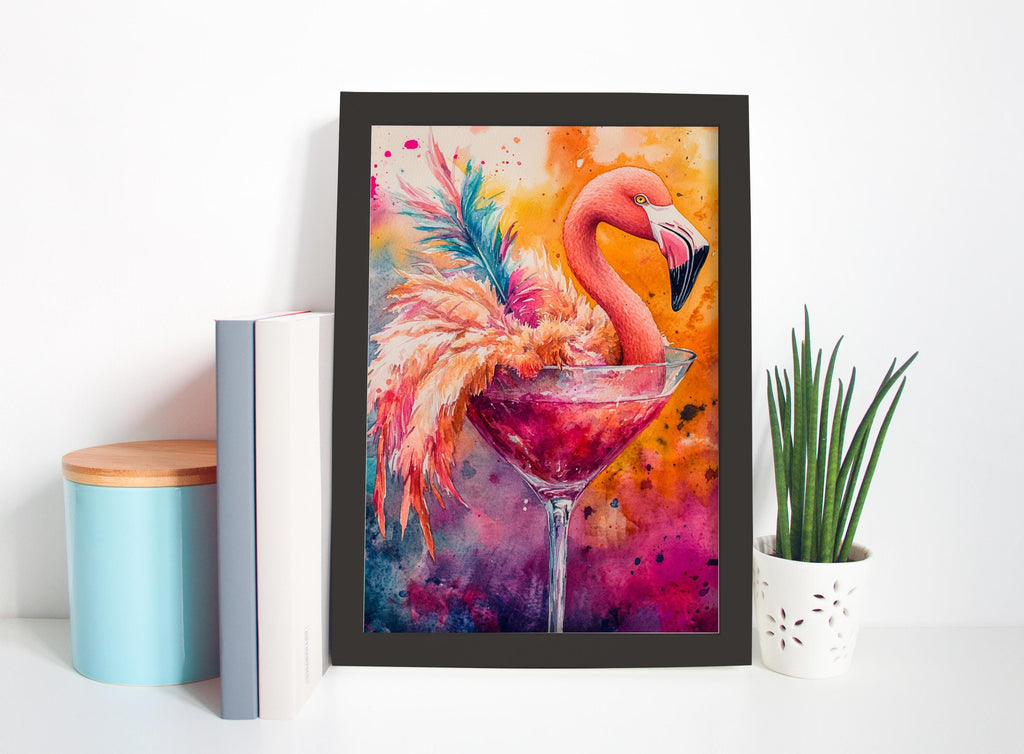 a framed painting of a flamingo in a martini glass, surrounded by a vibrant, colorful background.