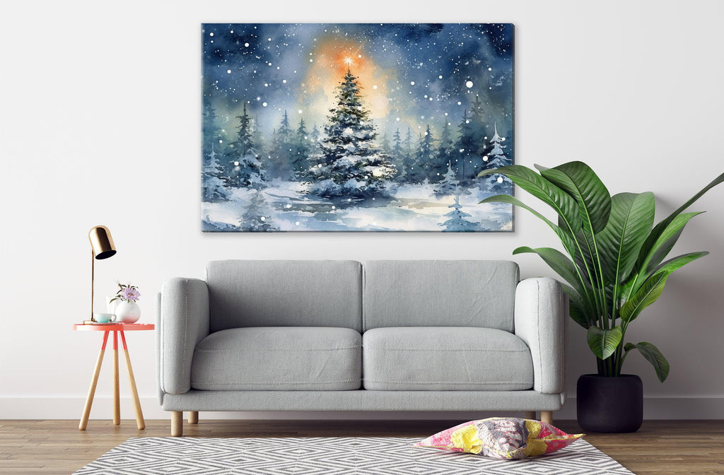 Beautiful Christmas Tree Winter Scene - Watercolor Painting, Print on Canvas, Artist Paper, Watercolor Paper, Available in Extra Large Sizes
