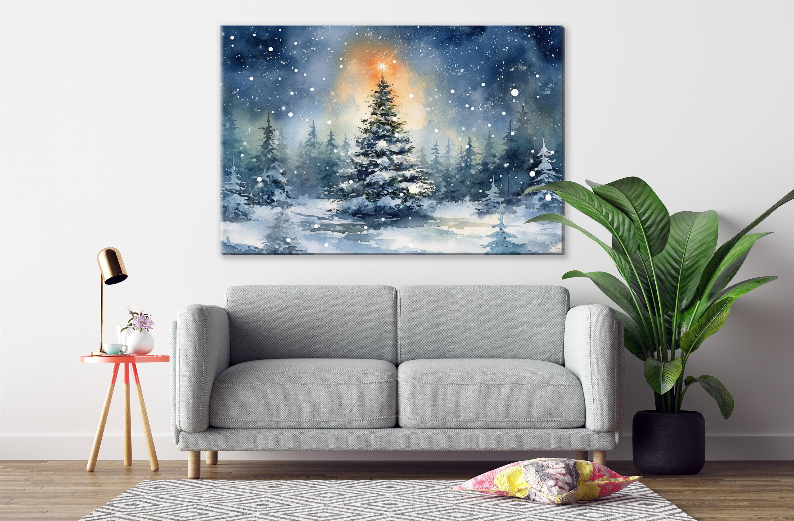 Beautiful Christmas Tree Winter Scene - Watercolor Painting, Print on Canvas, Artist Paper, Watercolor Paper, Available in Extra Large Sizes