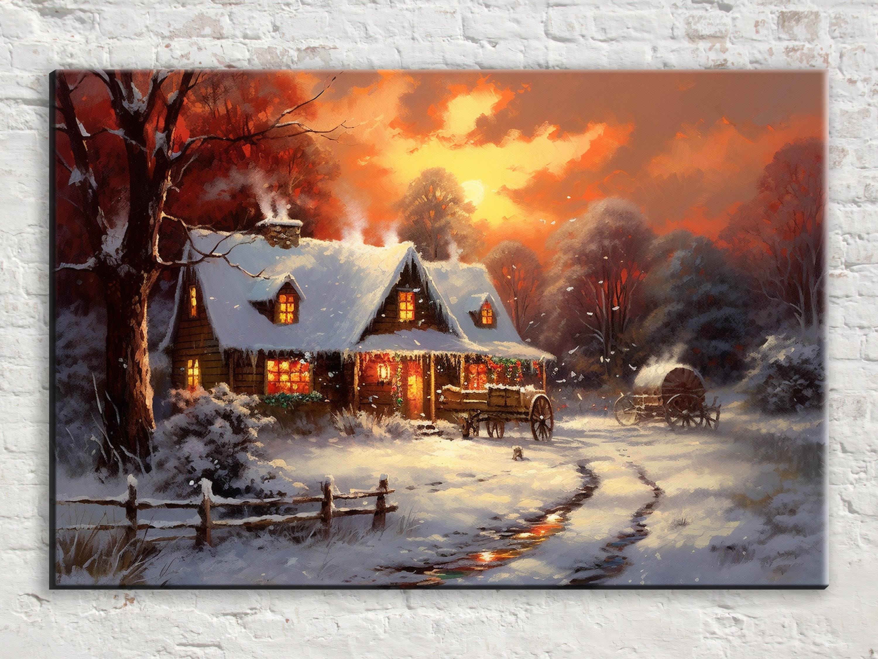 Christmas Canvas Art - Rustic Holiday Wall Decor | Oil Painting on Gallery Wrapped Canvas
