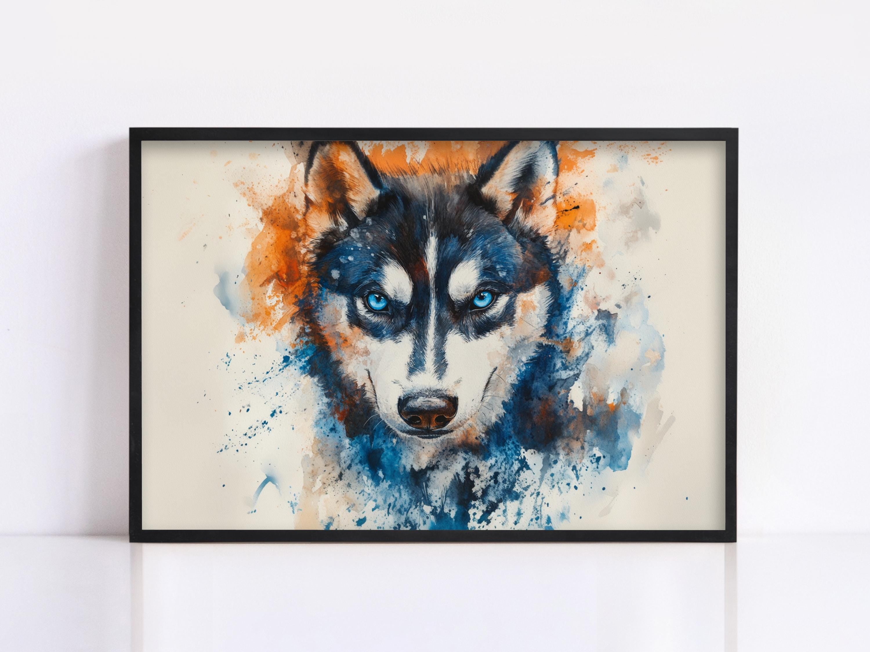 The image is a framed painting depicting a close-up of a husky dog's face, with its striking blue eyes and distinctive black and white fur.