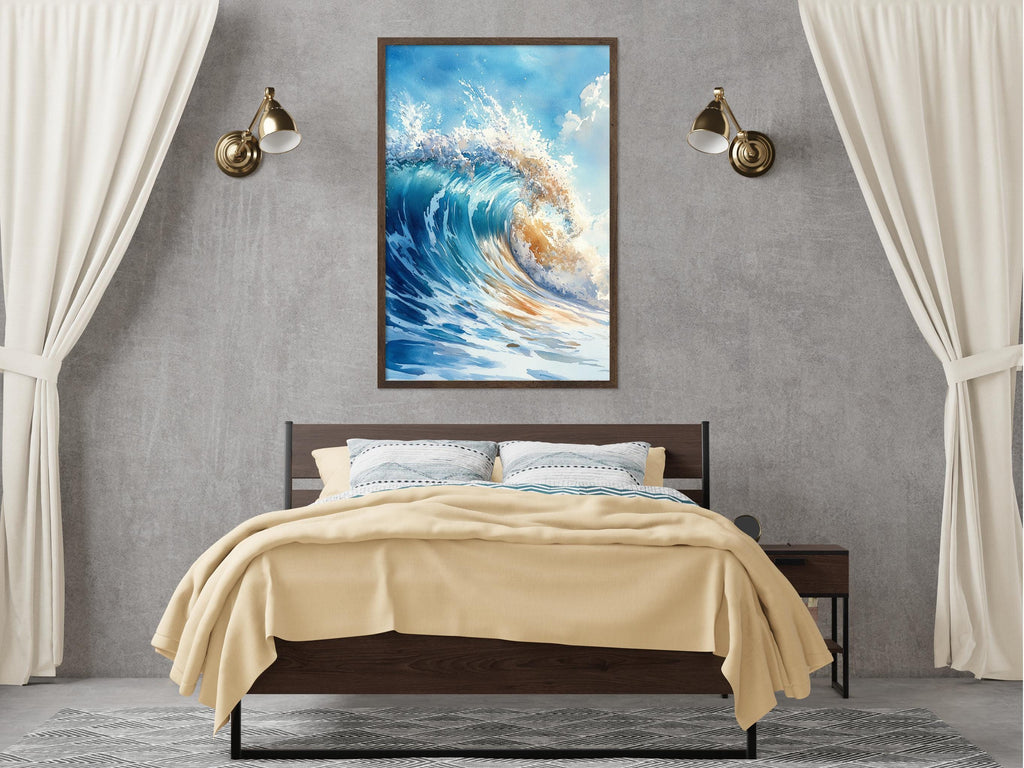 a bedroom with a large bed, a nightstand, and a framed picture of a crashing wave hanging on the wall above the bed.