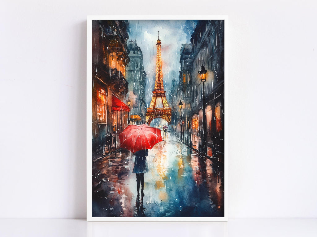 A watercolor painting depicting a rainy night scene in Paris, with the Eiffel Tower illuminated in the background and a person walking down a wet street holding a red umbrella.