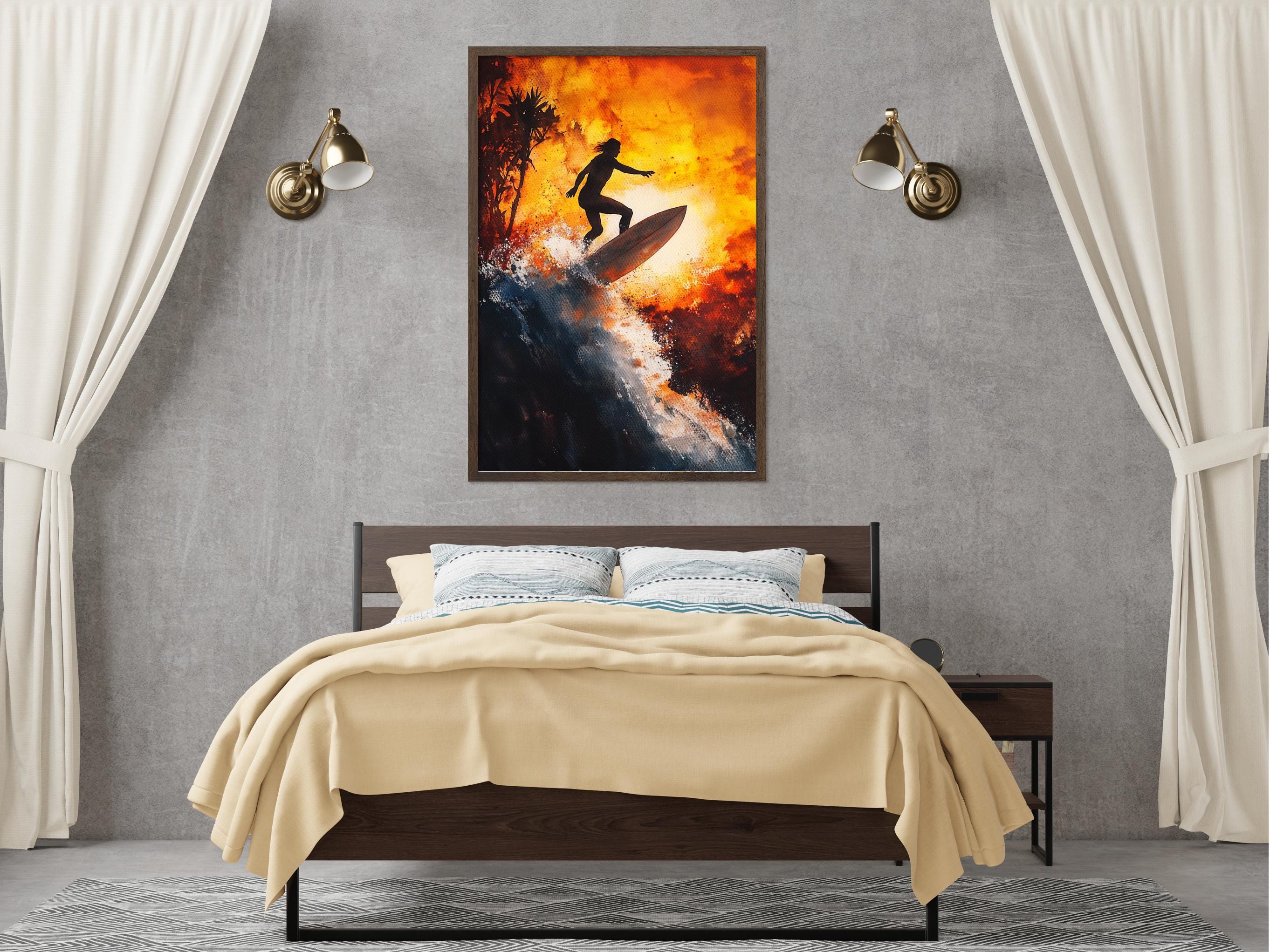 a surfer riding a wave, with a warm, fiery background.