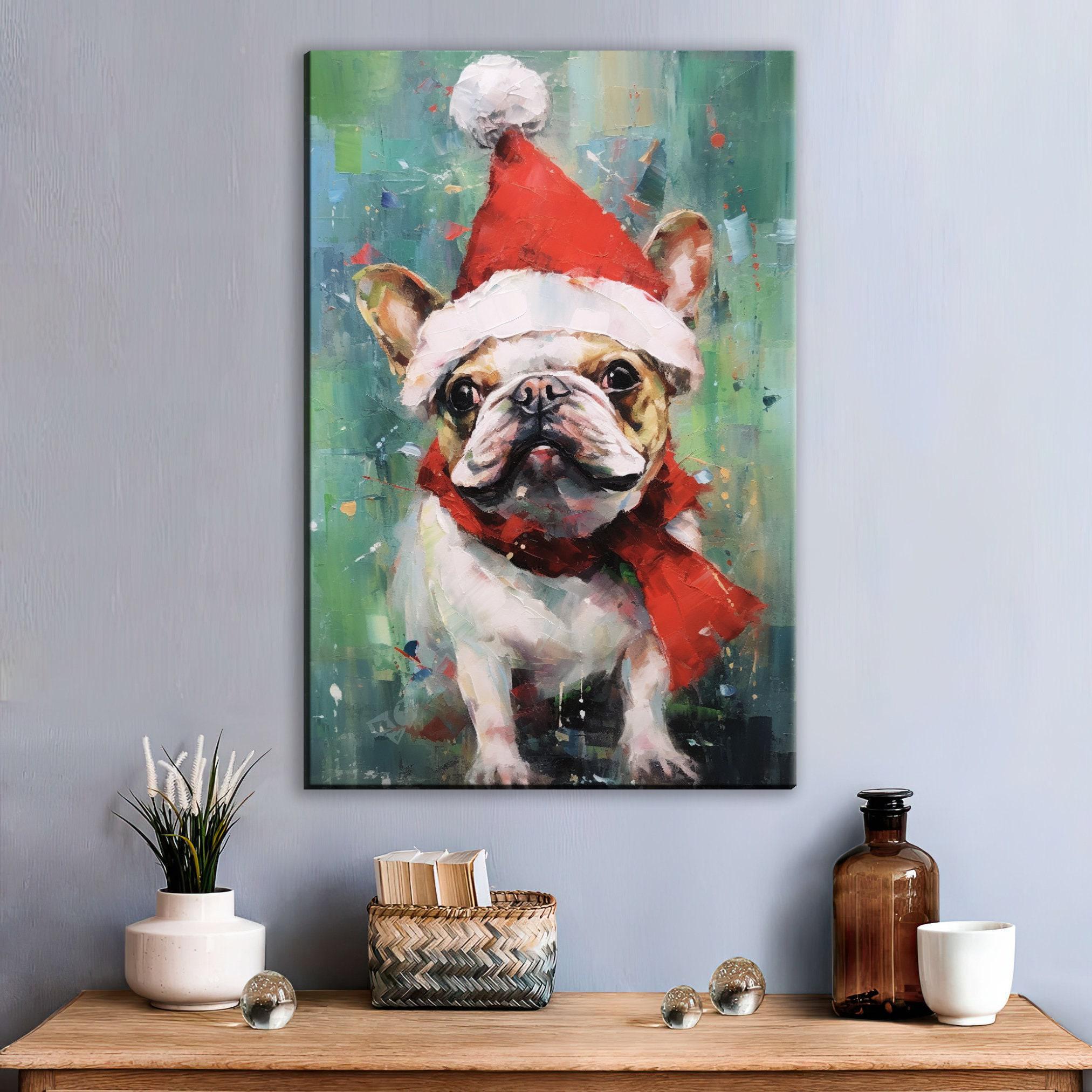 French Bulldog Christmas Art – Festive Dog Painting on Extra Large Gallery Wrapped Canvas