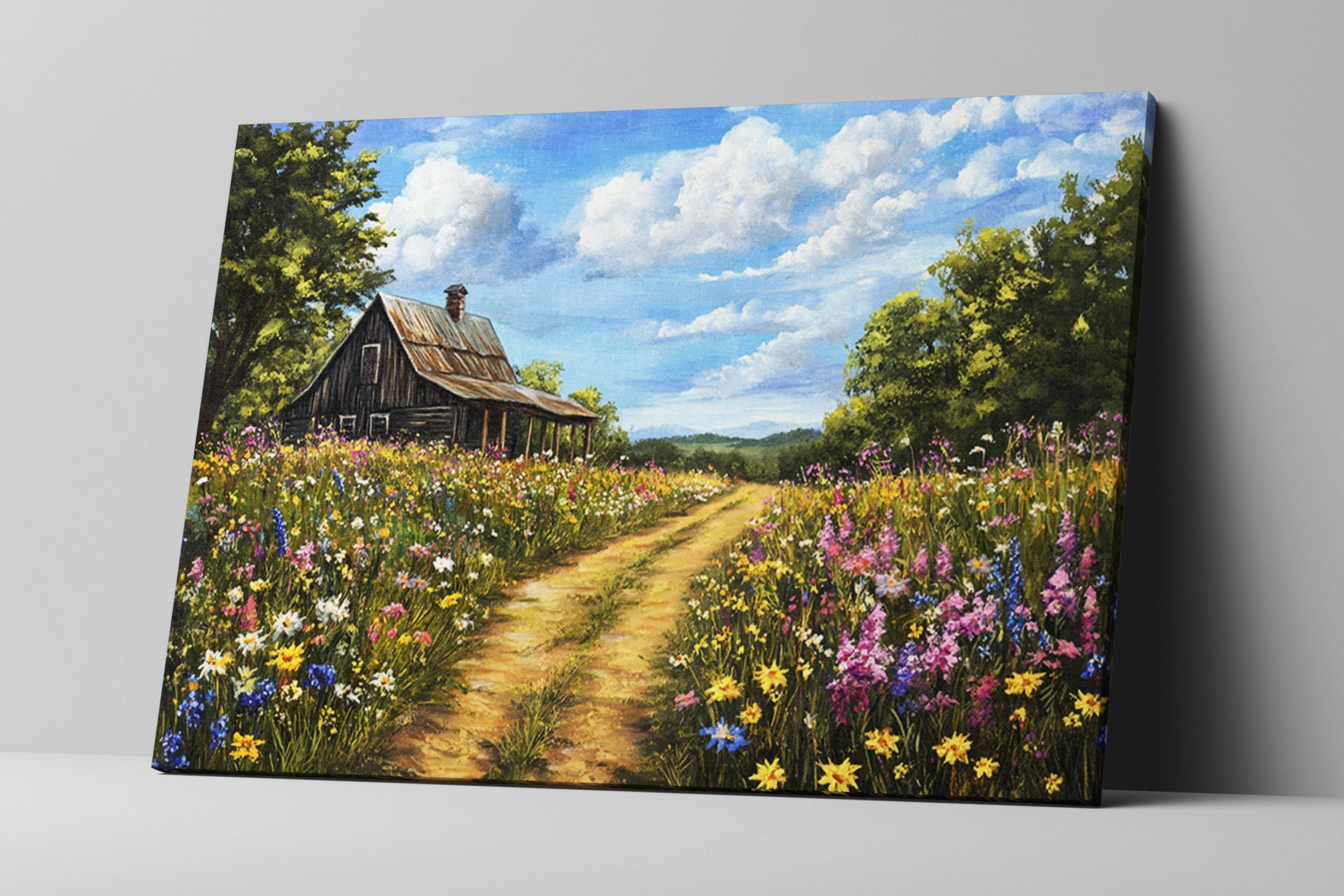 a painting of a house in a field of flowers