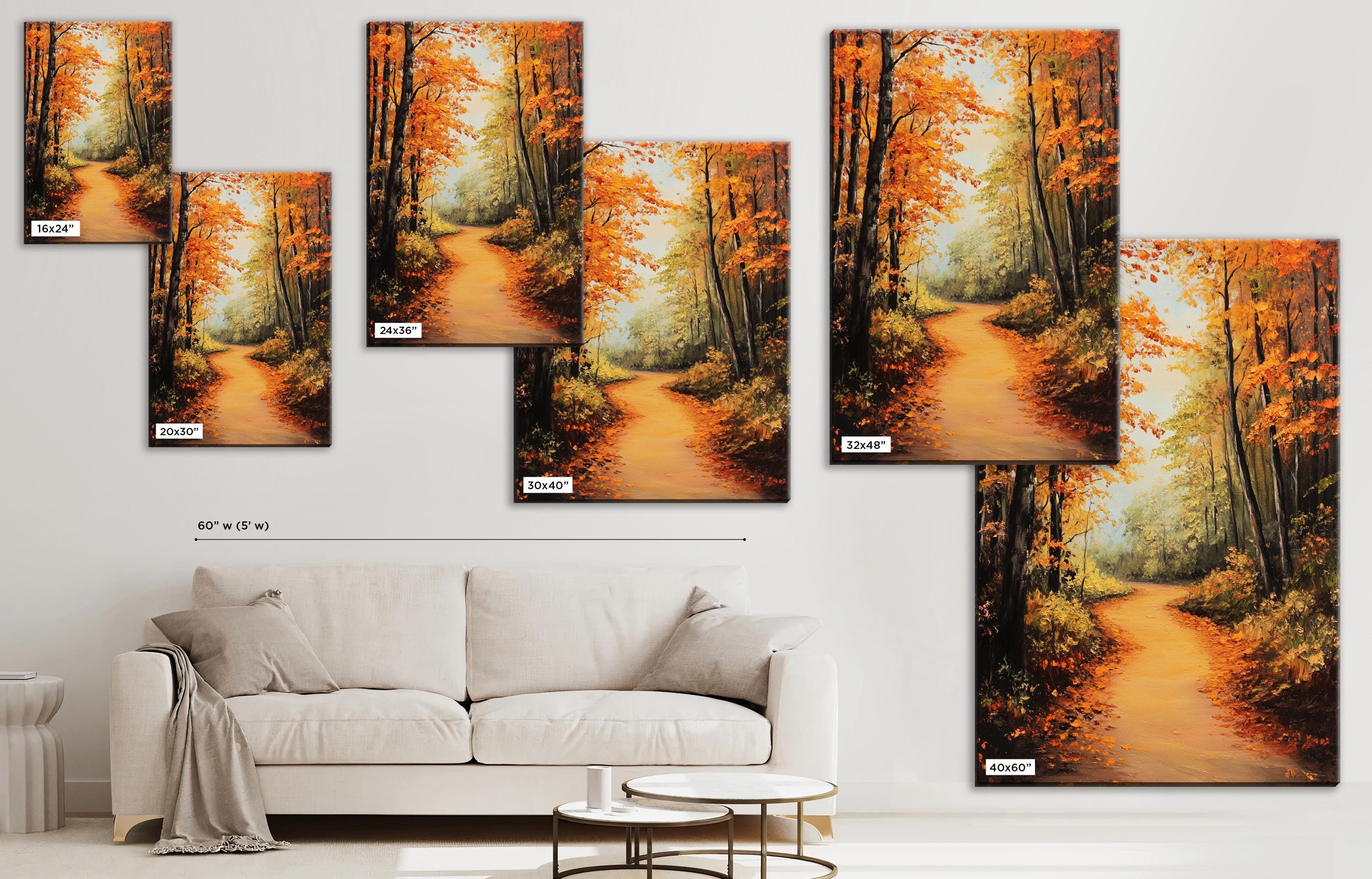The image is a collage of multiple images depicting a scenic autumn landscape with a winding path through a forest.