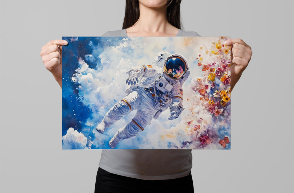 A woman holds up a framed print featuring an astronaut floating in a colorful, cosmic scene with flowers and clouds.