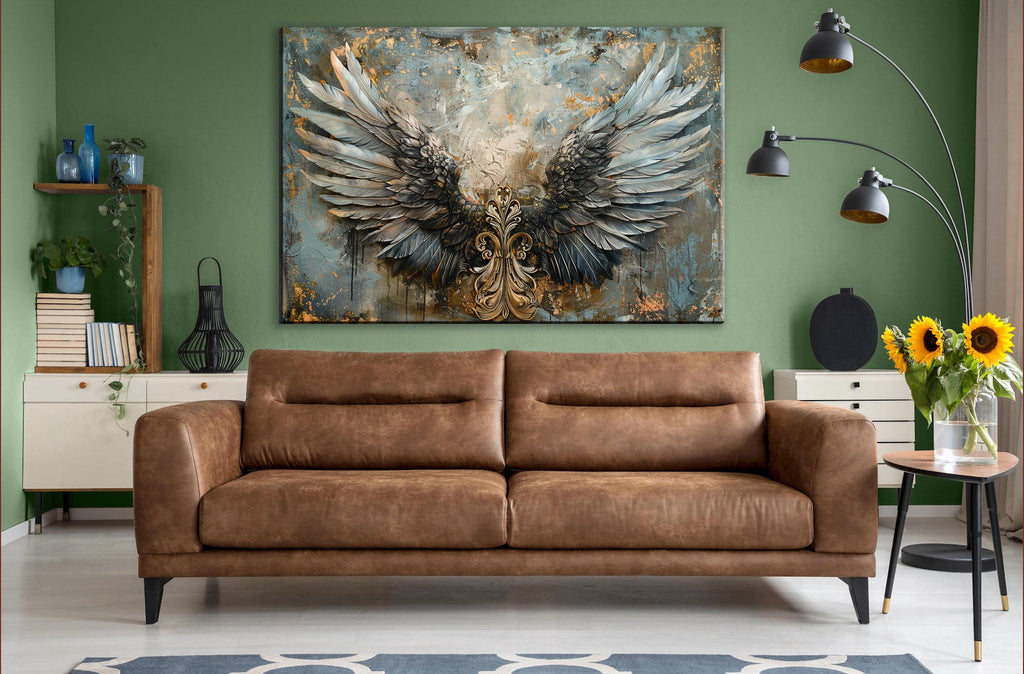 Angel Wings Wall Art – Large Canvas Art | Blue and Gold Painting, Ornate Feather Design