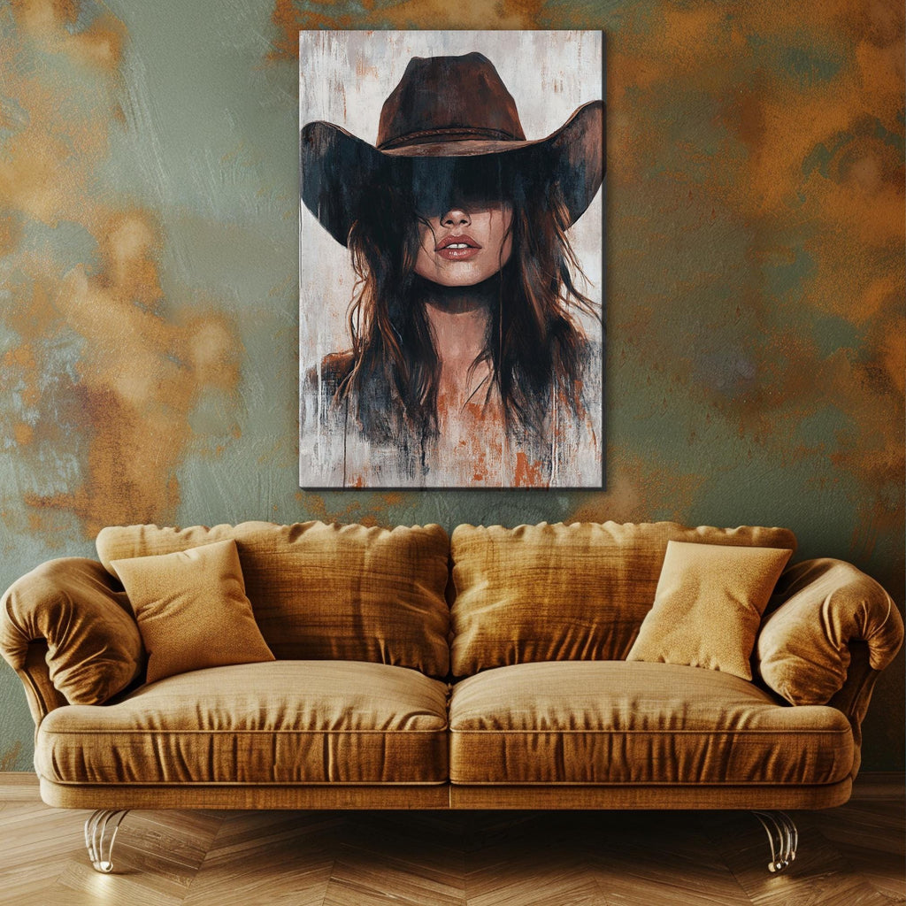 a painting of a woman wearing a cowboy hat