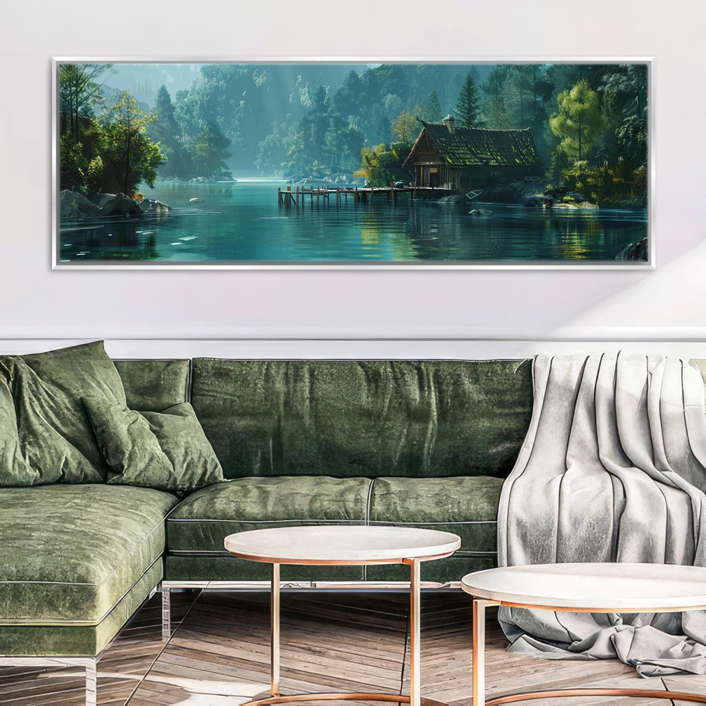 a living room with a green couch and a painting on the wall