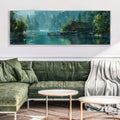 a living room with a green couch and a painting on the wall