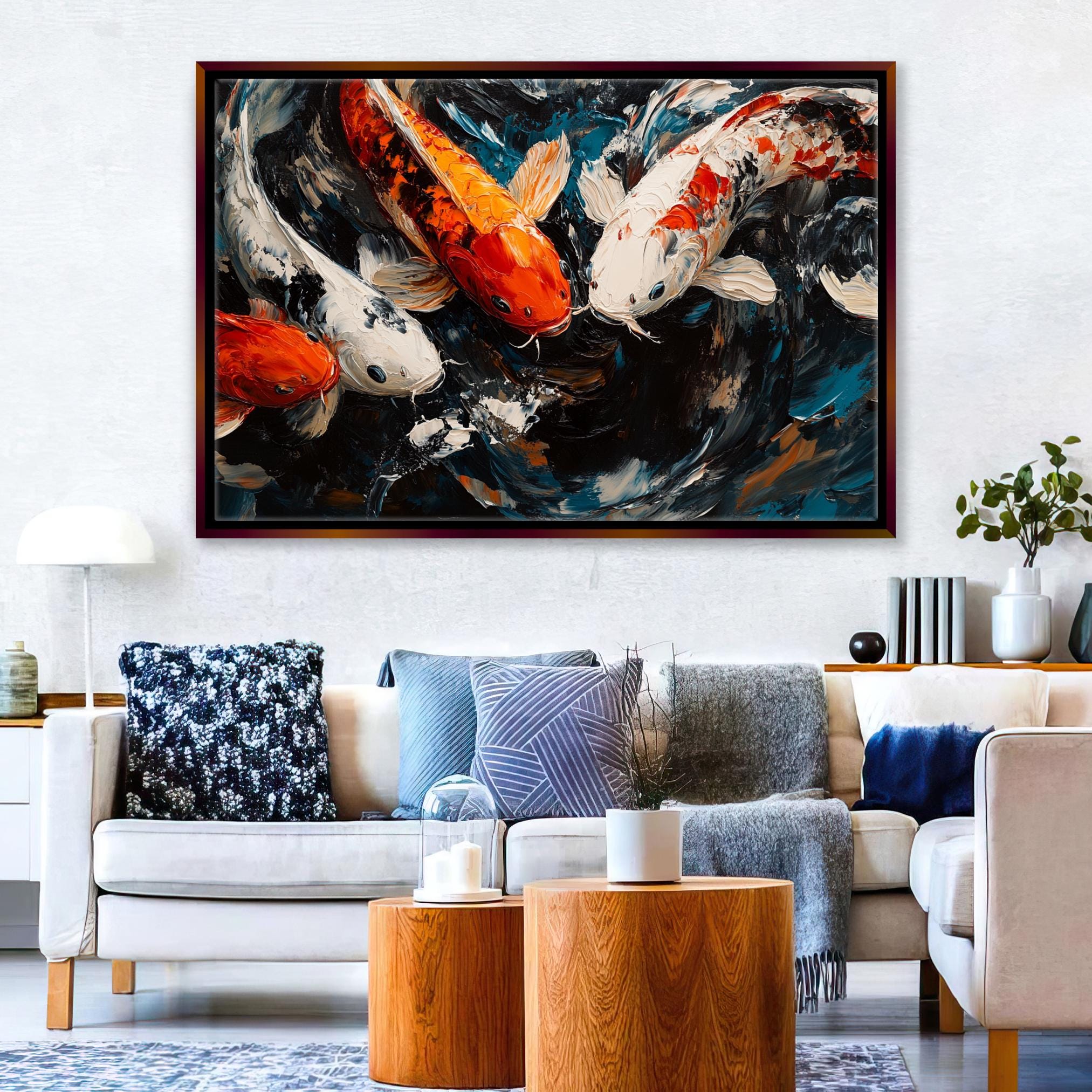 a living room with a couch and a painting on the wall