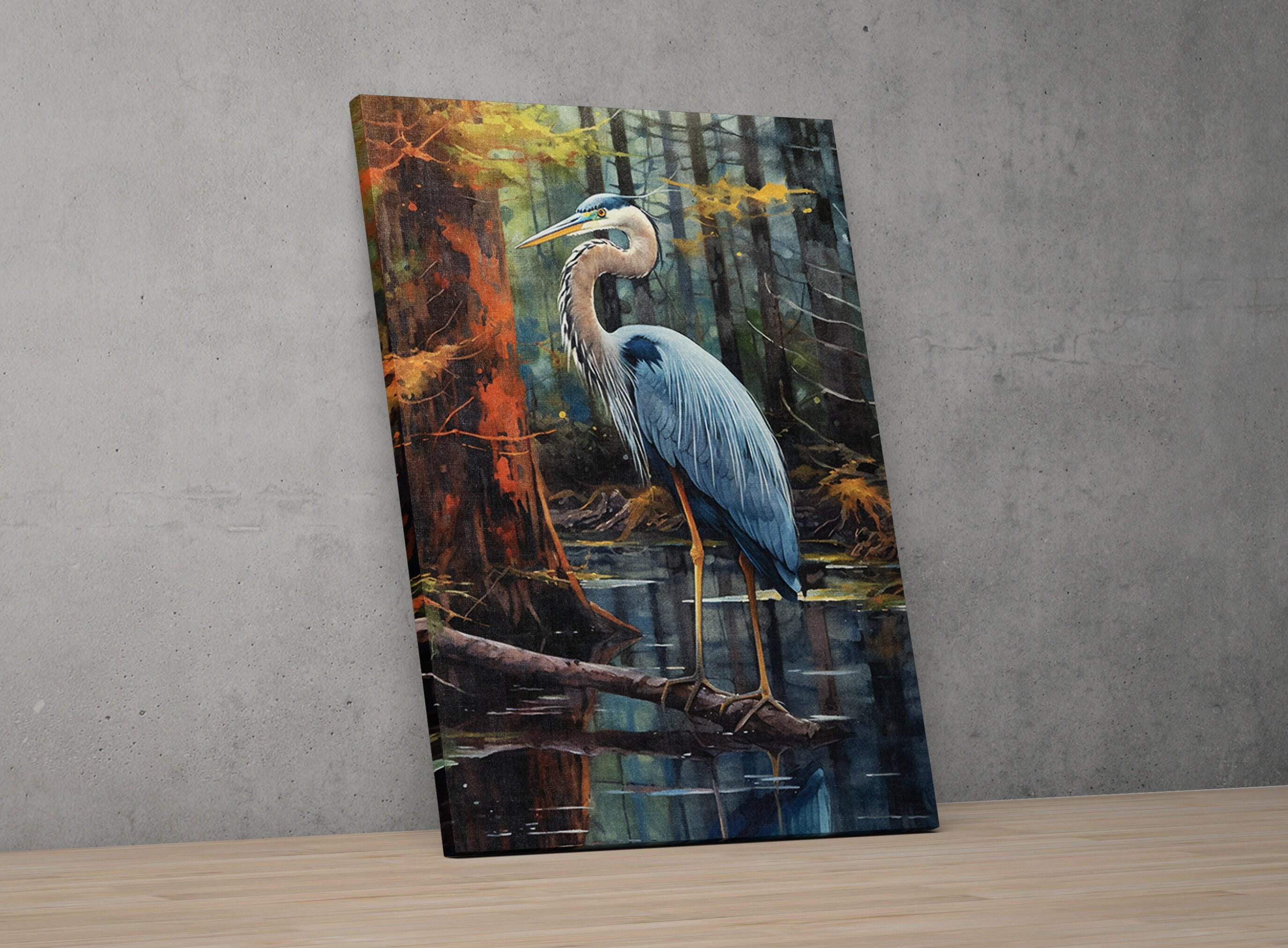 Blue Heron Watercolor Bird Print for Home Decor, Giclee Print on Canvas, Artist Paper, Watercolor Paper, Available in Extra Large Sizes
