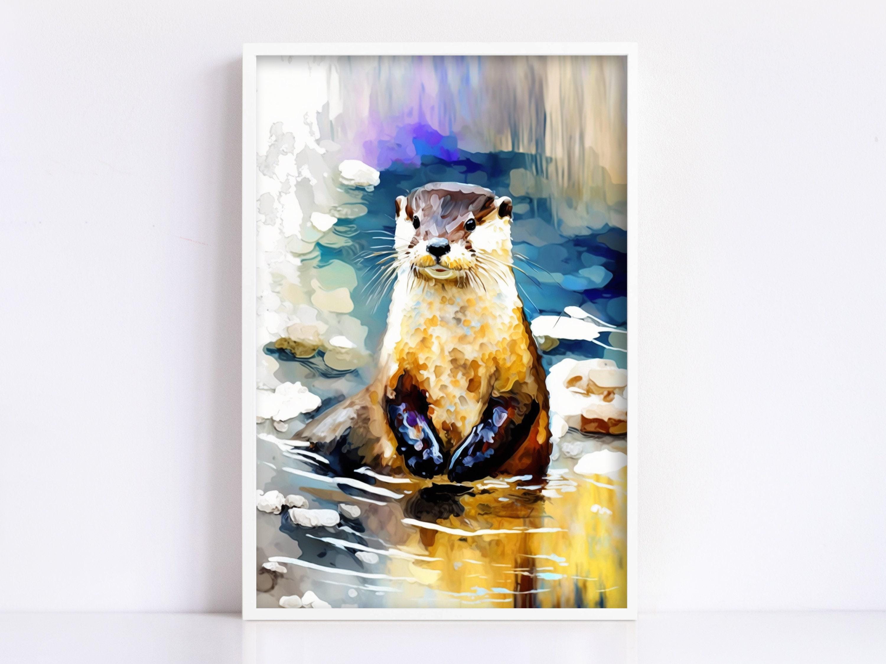 Playful River Otter: Watercolor Otter Wall Art Print, Giclee Print on Canvas, Artist Paper, Watercolor Paper, Available in Extra Large Sizes