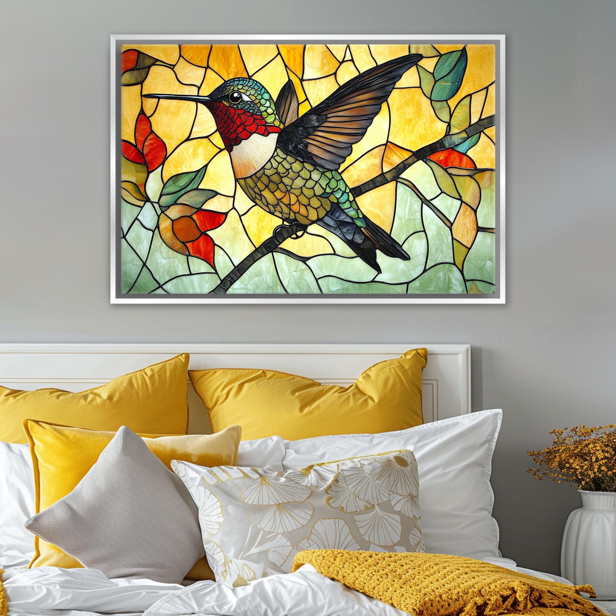 a picture of a hummingbird on a stained glass window