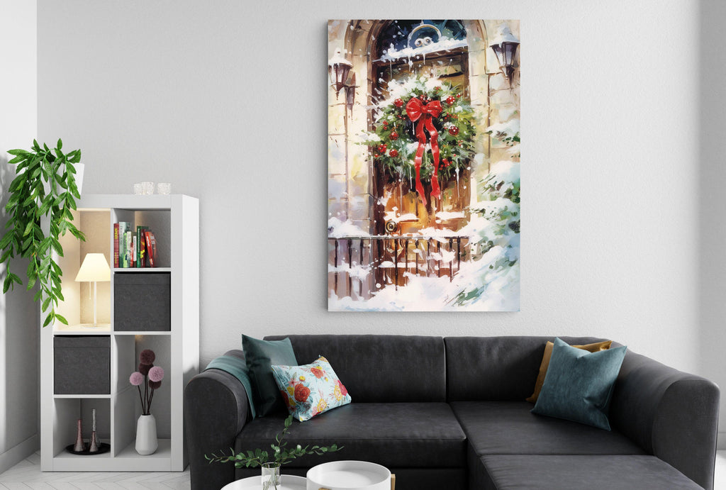 Watercolor Christmas Wreath Painting - Holiday Art, Giclee Print on Canvas, Artist Paper, Watercolor Paper, Available in Extra Large Sizes