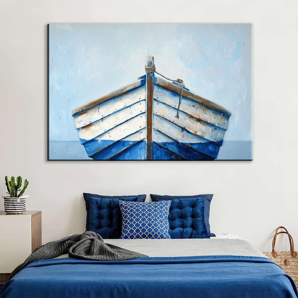 Blue White Wooden Boat - Nautical Wall Art | Large Gallery Wrapped Canvas Print