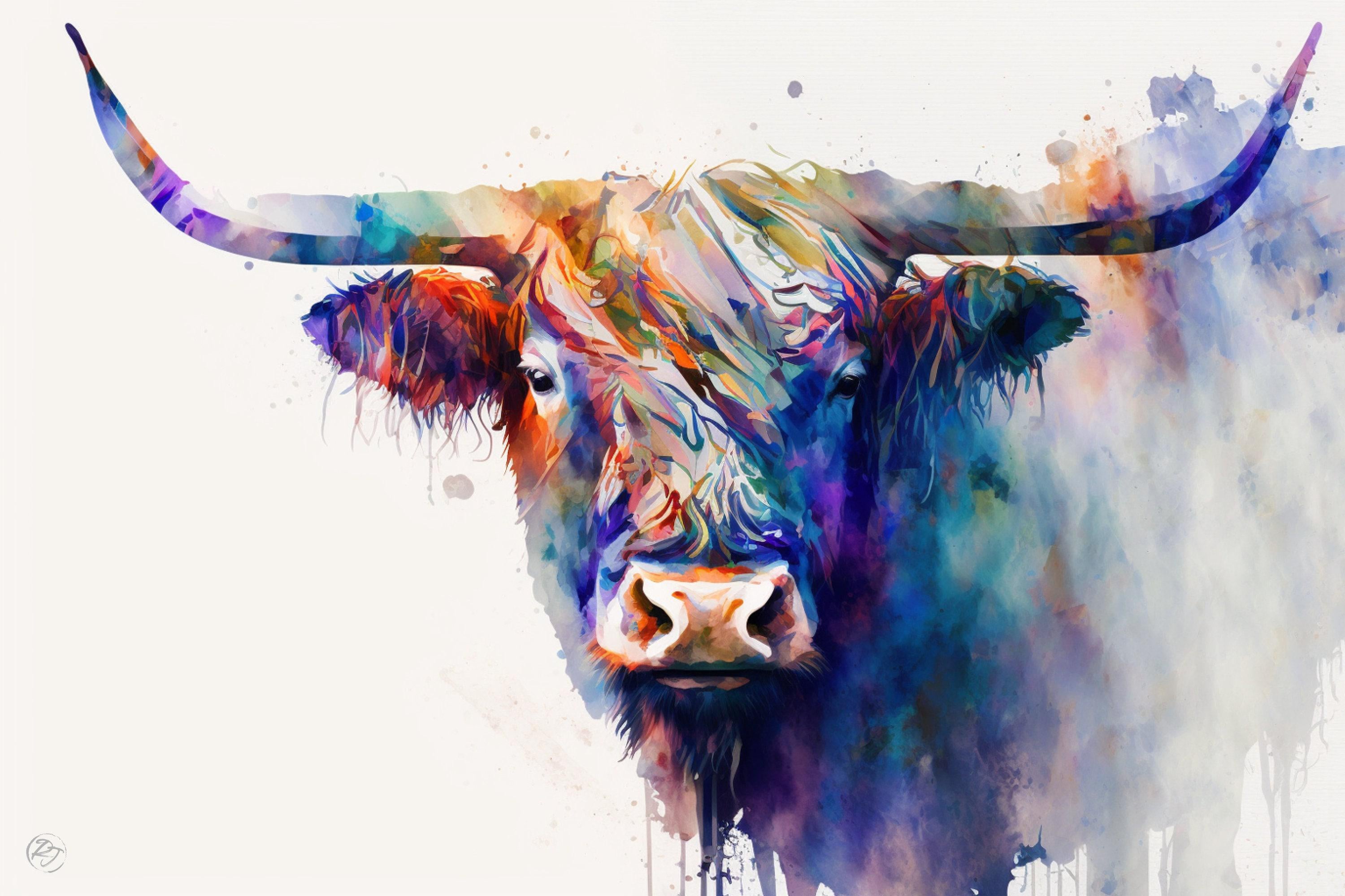 Scotland's Icon: Watercolor Highland Cow Wall Decor, Giclee Print on Canvas, Artist Paper, Watercolor Paper, Available in Extra Large Sizes