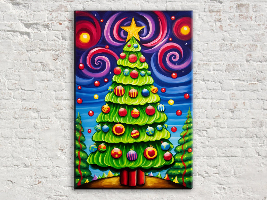Christmas Canvas Art – Vibrant Color Burst Xmas Tree Painting on Gallery Wrapped Canvas