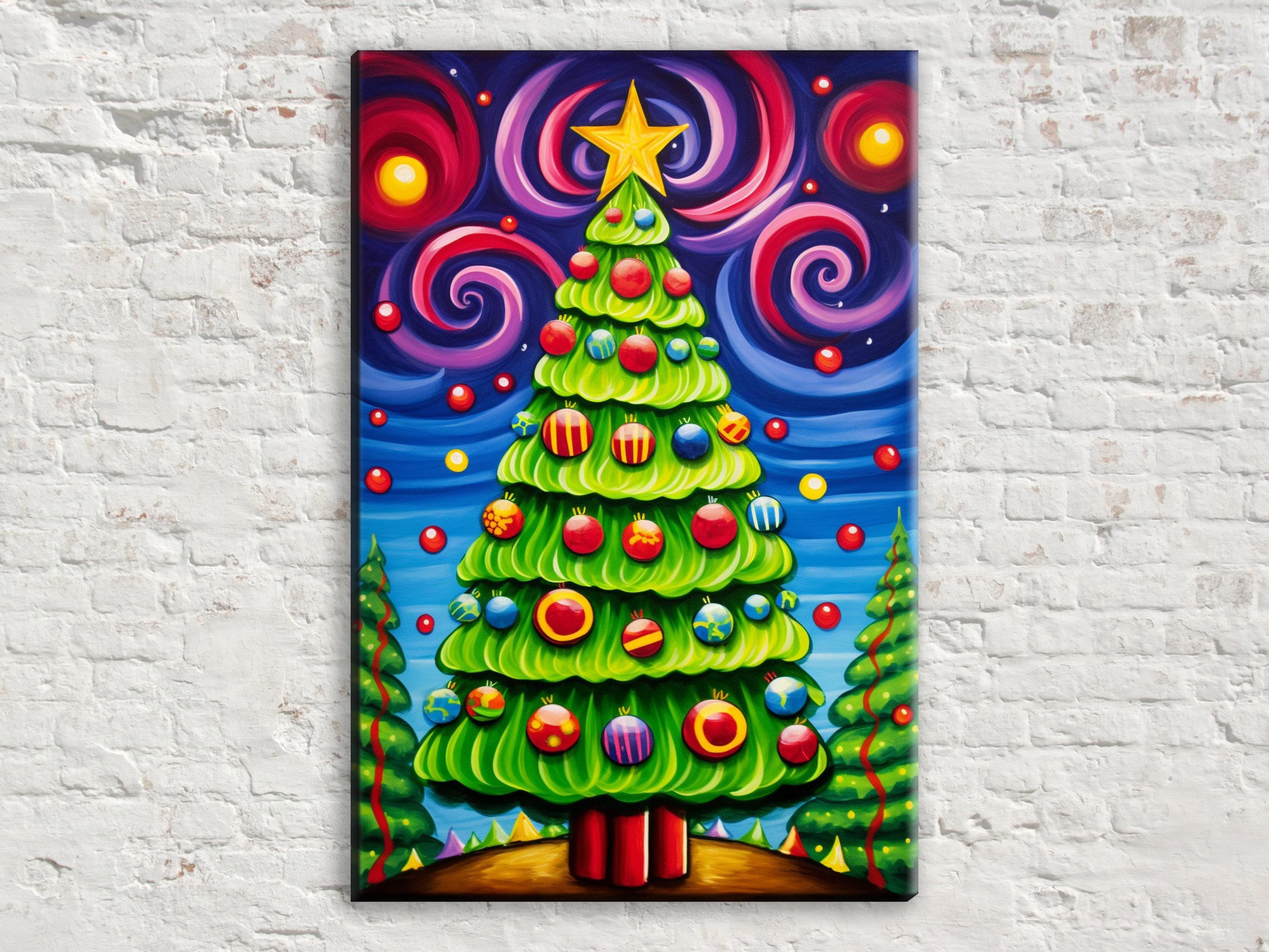 Christmas Canvas Art – Vibrant Color Burst Xmas Tree Painting on Gallery Wrapped Canvas