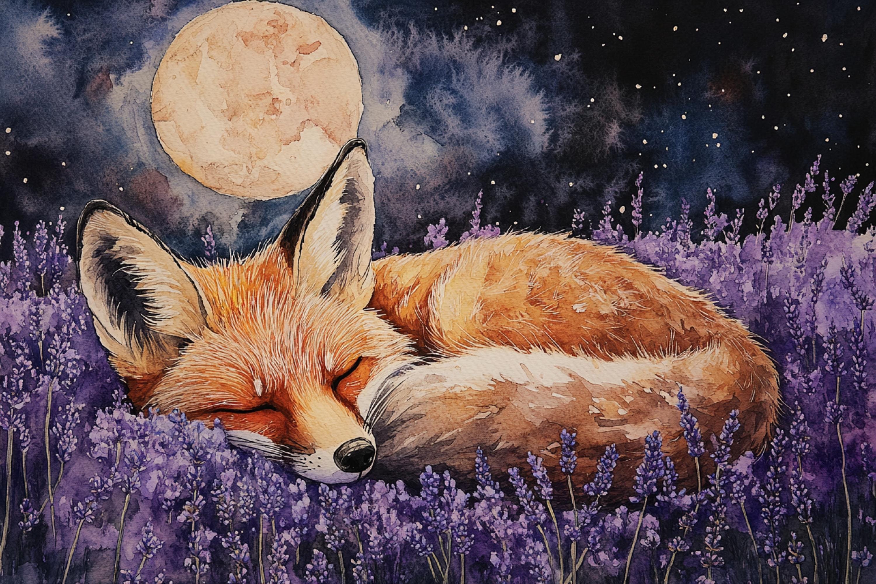 A sleeping fox rests in a field of purple flowers, with a full moon and starry night sky in the background.