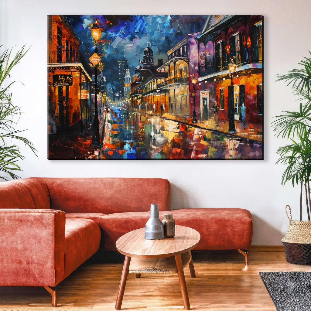 a vibrant and colorful painting of a city street at night, with buildings illuminated by warm lights and reflecting on the wet pavement.