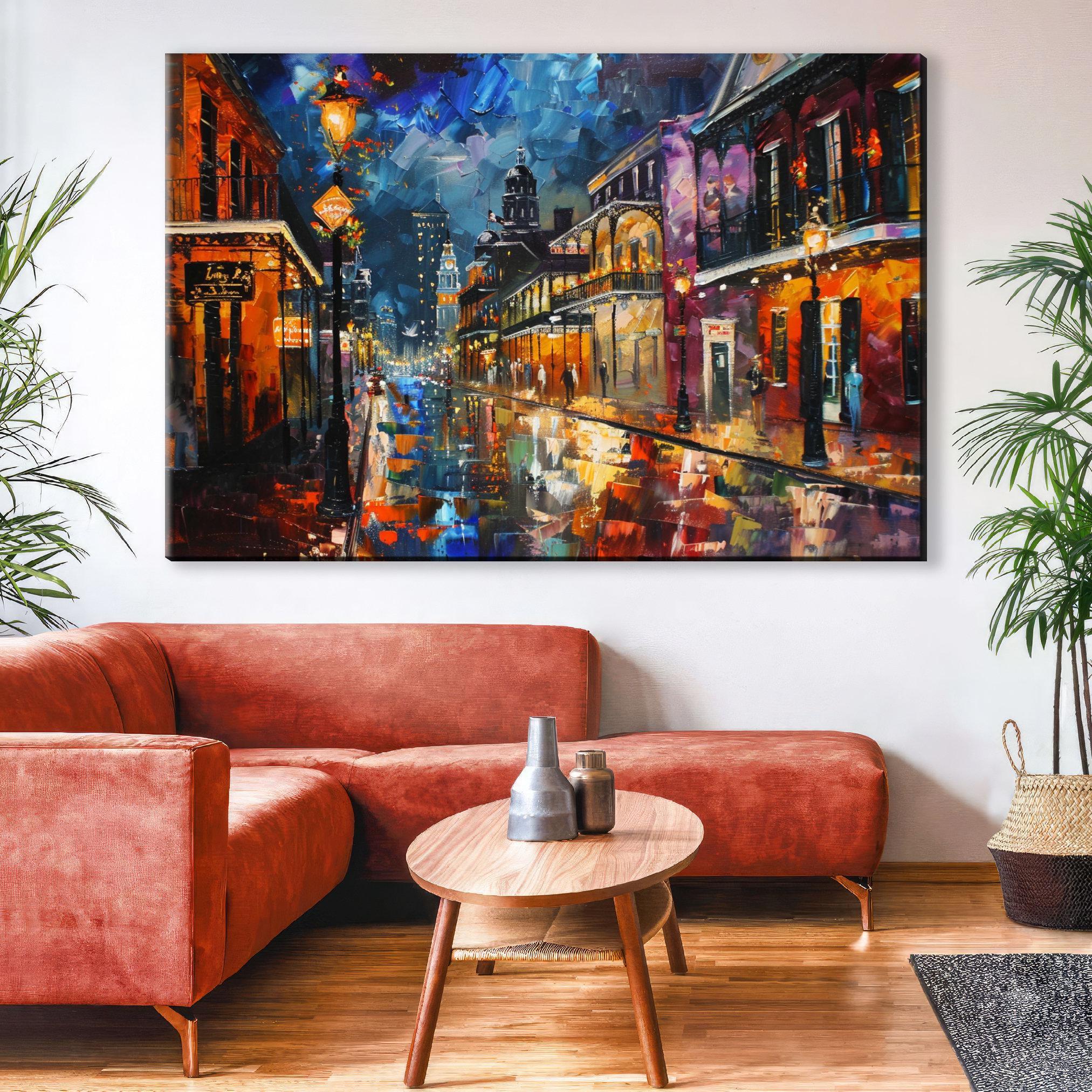 a vibrant and colorful painting of a city street at night, with buildings illuminated by warm lights and reflecting on the wet pavement.