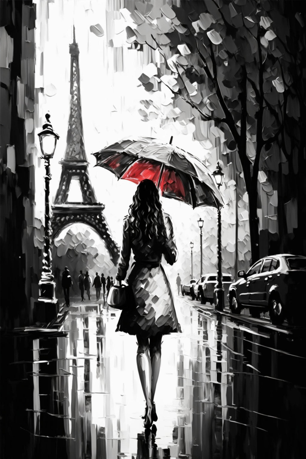 Parisian Canvas Art – Black and White Art with Red Umbrella | Large Gallery Ready Canvas Print