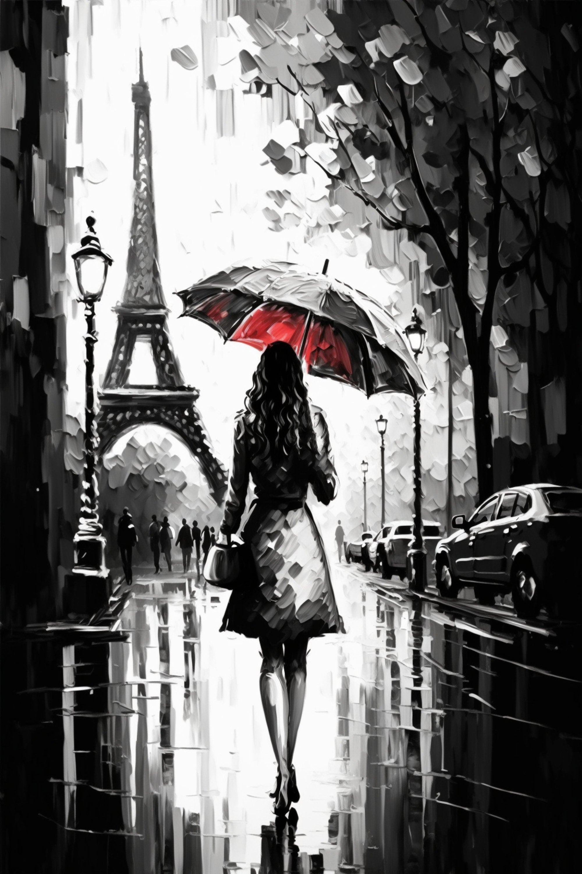 Parisian Canvas Art – Black and White Art with Red Umbrella | Large Gallery Ready Canvas Print