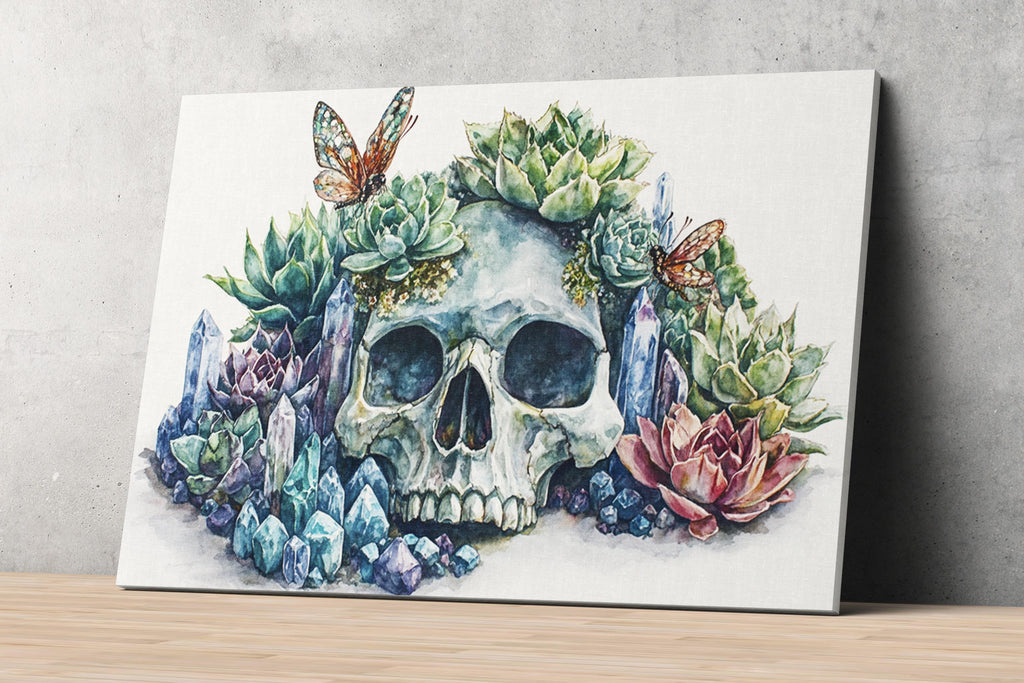 The image is a painting of a skull surrounded by various plants and butterflies, including succulents and pink flowers.