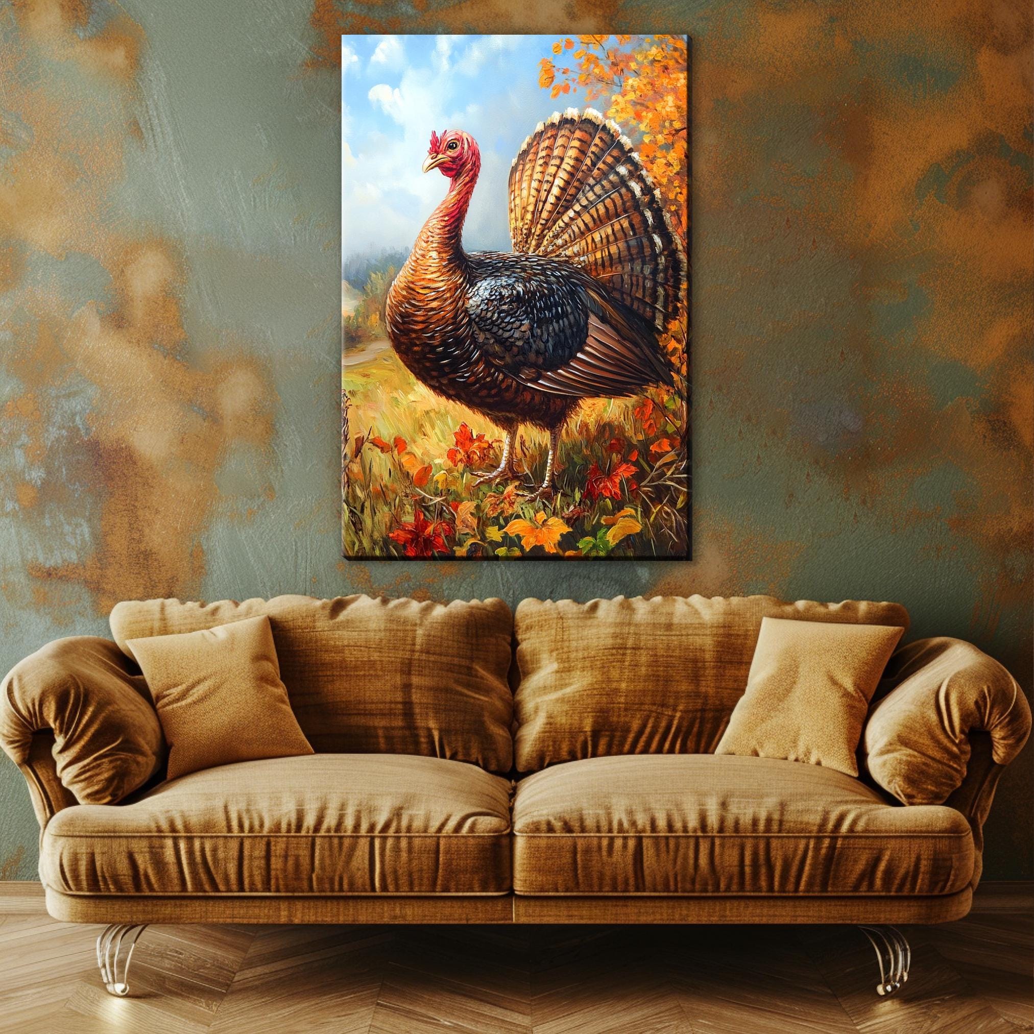 a large painting of a turkey on a wall above a brown sofa with pillows.